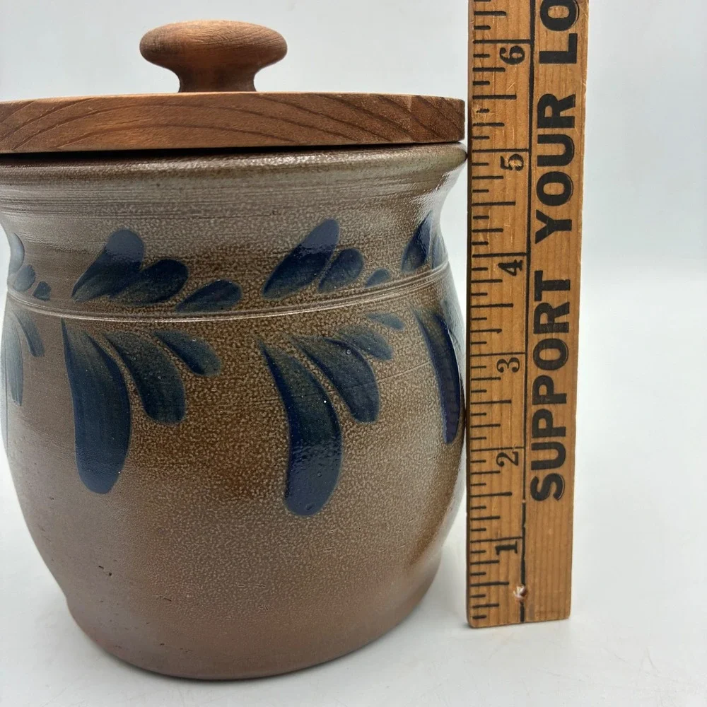 Eldreth Pottery 1992 Salt Glaze Stoneware Canister Blue Cobalt Leaf Wood Lid PA